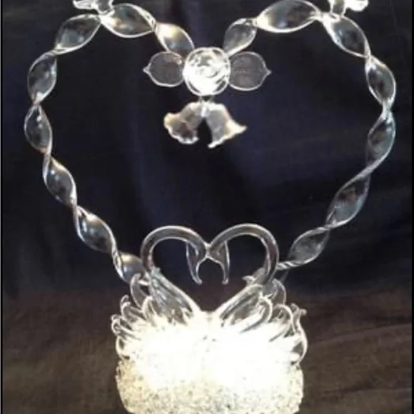 Vintage Wedding Cake Top Elegant Heart Sculpture w Swans and Doves Blown Glass